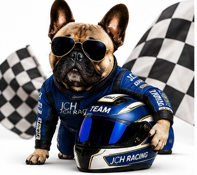 Illustration de Shelby avec un casque JCH Racing et des drapeaux à damier