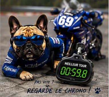 Illustration de Shelby avec un chronomètre près de la Yamaha numéro 69