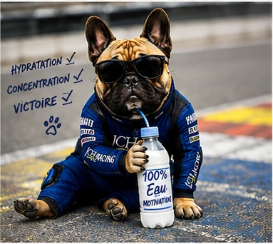 Illustration de Shelby avec une bouteille d’eau dans le paddock