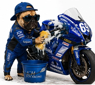 Illustration de Shelby nettoyant la Yamaha JCH Racing numéro 69
