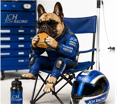Illustration de Shelby pendant une pause burger dans le paddock