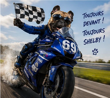 Illustration de Shelby sur la Yamaha numéro 69 avec un drapeau à damier